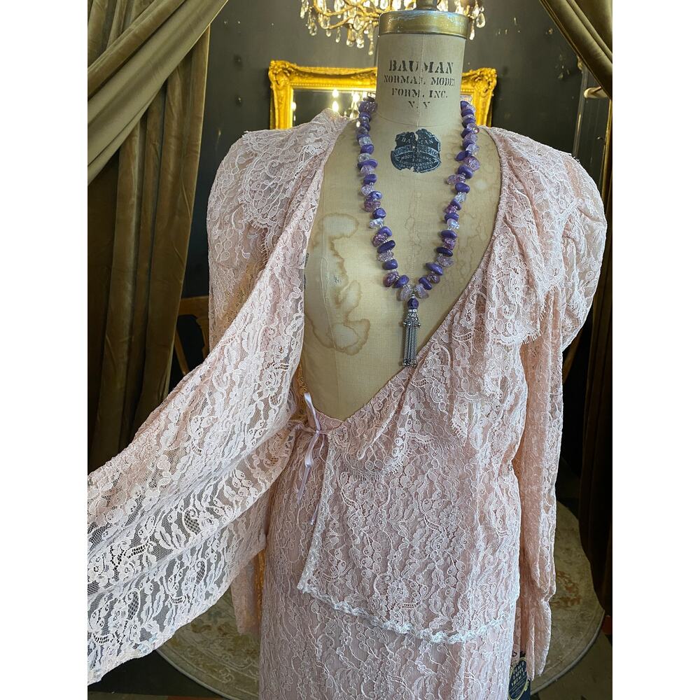 vintage 1980s sheer pink lace suit 80s fashion puff shoulders wrap blouse skirt - Picture 9 of 10